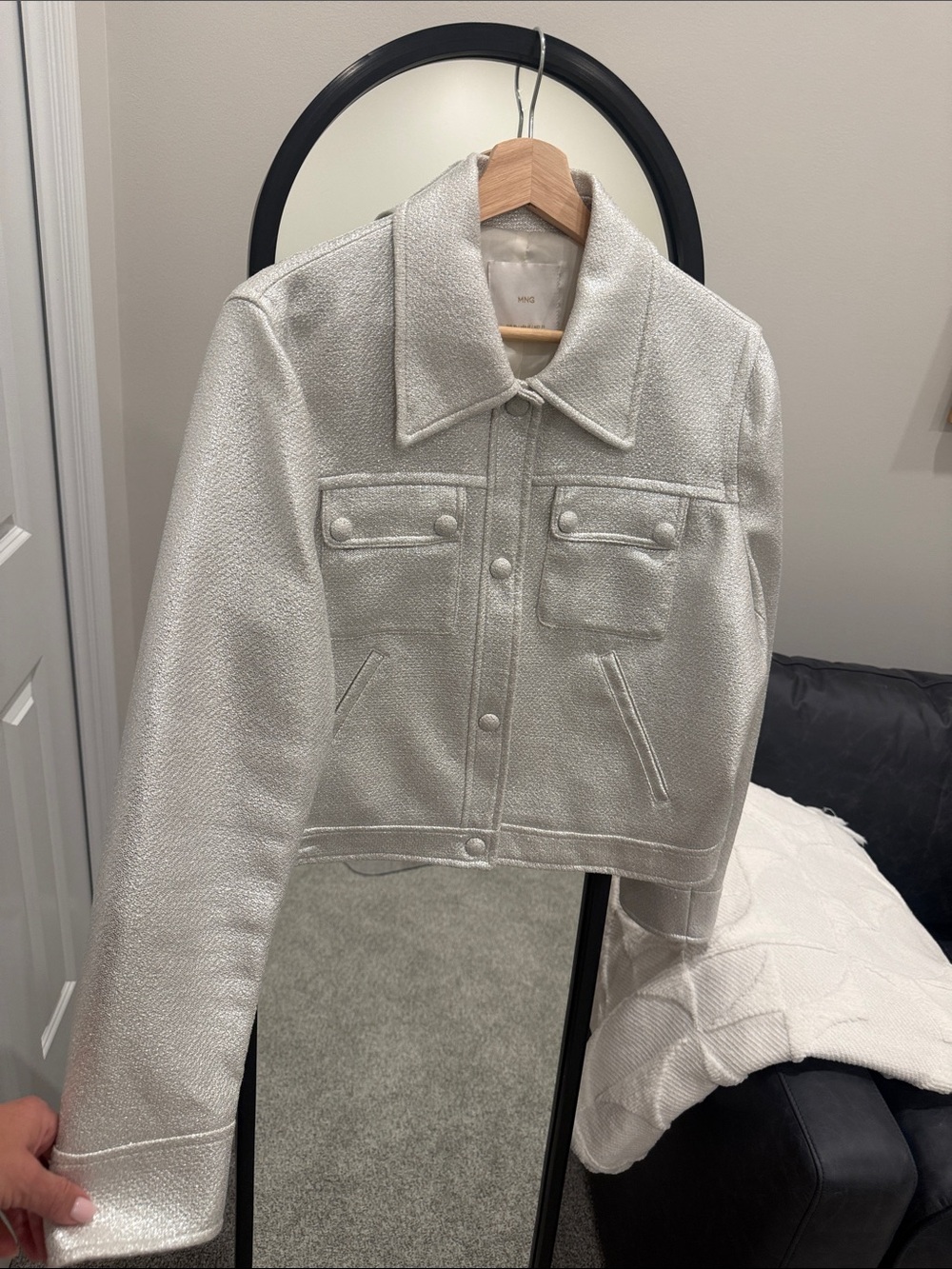 Mango Metallic Silver Cropped “Trucker” Jacket